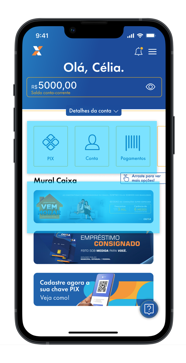Tela inicial do app, com os cards de acesso rápido e o primeiro banner do Mural Caixa destacados em ciano — um em outline, o outro preenchido.