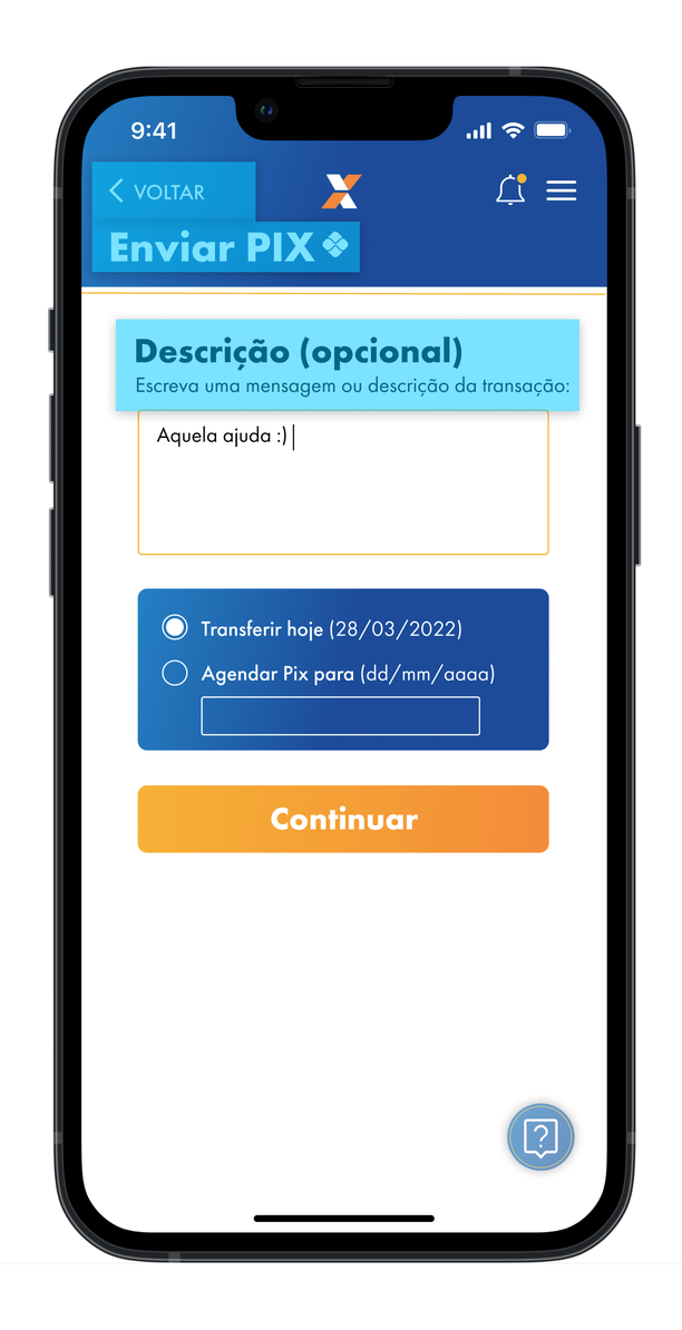 Tela de descrição do PIX, evidenciando os pesos de texto e o título em caixa alta do campo de descrição.