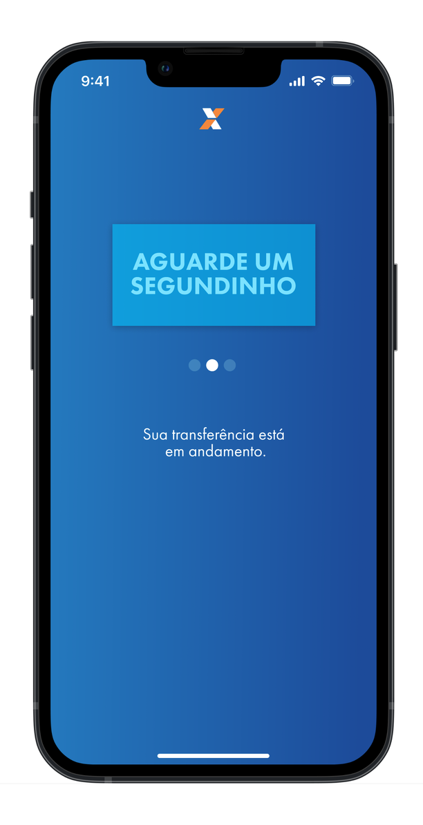 Tela de carregamento com a mensagem 'Aguarde um segundinho, sua transferência está em andamento'.