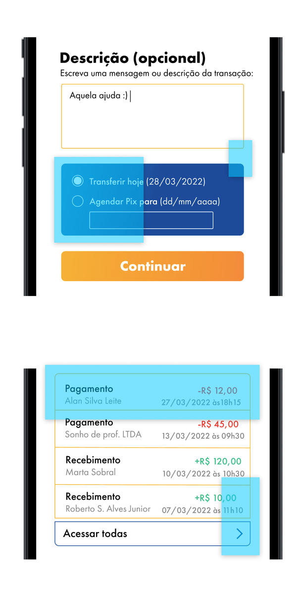 Recortes ampliados do formulário e da lista de movimentações, com bordas e alinhamentos desalinhados destacados em ciano.