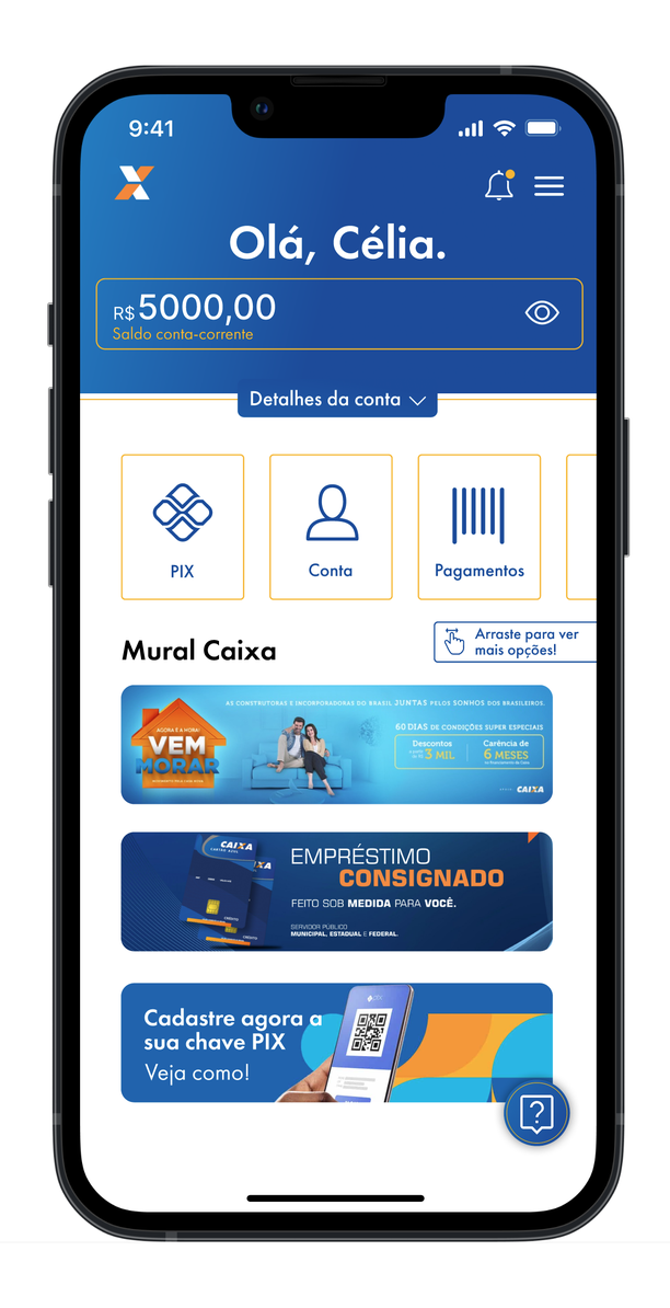 Tela inicial do app, sem destaques, mostrando os cards de acesso rápido e o Mural Caixa.